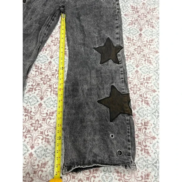 Daisy Street Star Patch Wide Leg Jeans Acid Wash Black Grommet Y2K Size 13 - Picture 6 of 10